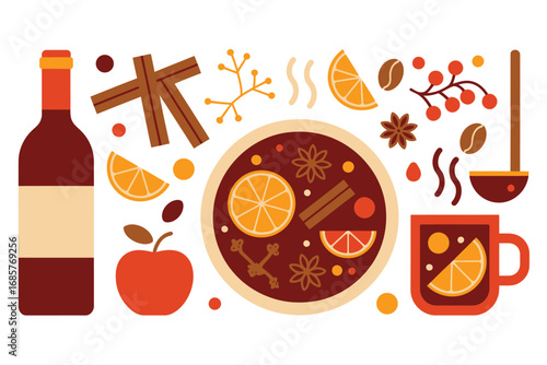 Warm Spiced Wine and Cozy Autumn Drink Illustration with Seasonal Fruits and Cinnamon Sticks