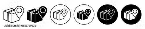 Parcel location icon set. Parcel location vector symbol in black filled and outlined style.