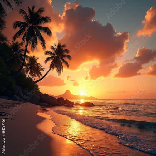 warm beach sunset silhouette palm trees tropical paradise evening sky tranquil scene, ocean, shoreline, sand, water, reflection, dusk, horizon, nature, clouds