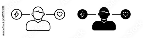 Behaviour icon set with human profile, heart, and energy symbols in outline and filled styles.