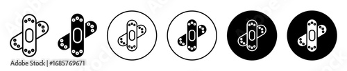 Adhesive plaster icon set with medical bandage symbol in outline and filled styles.
