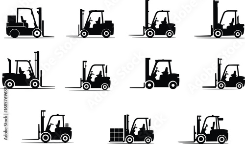 Forklift Silhouette Set with Operator in Various Positions, Loading and Transporting Pallets for Warehouse, Logistics, Industrial, and Material Handling