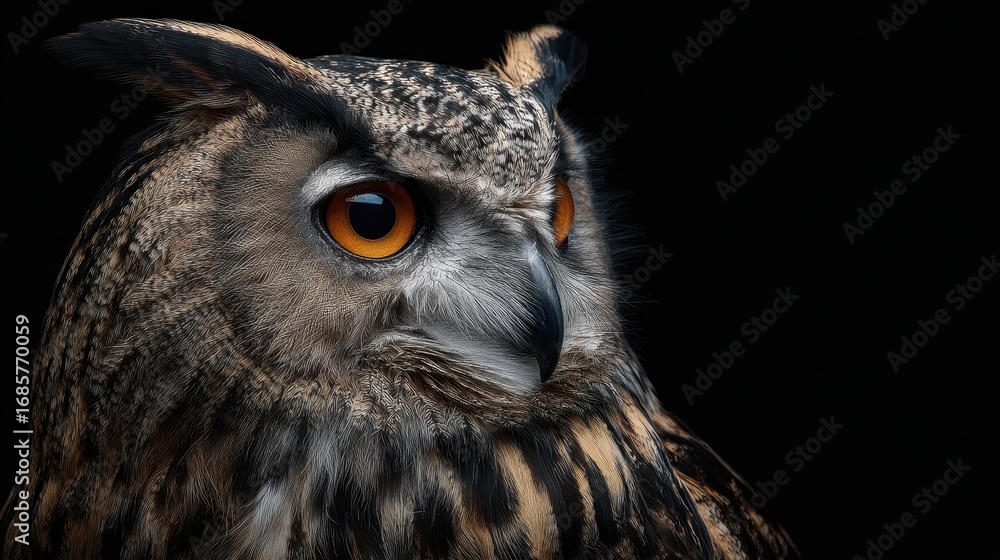 Fototapeta premium Majestic owl perched in dark surroundings with striking orange eyes and intricate feather patterns