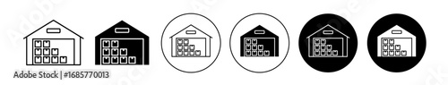 Warehouse icon set in black filled and outlined style. suitable for UI designs