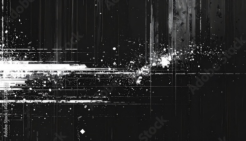 Abstract digital chaos with monochrome pixel stretch and distorted data streams on a dark background