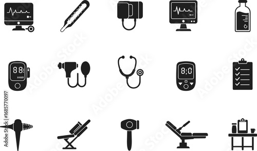 Medical and healthcare equipment icons set including heart monitor, thermometer, blood pressure cuff, stethoscope, syringe, and examination chair vector illustration.
