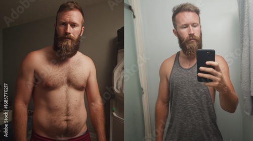 Before and after photo of a man documenting his fitness journey, showing significant weight loss and muscle gain
