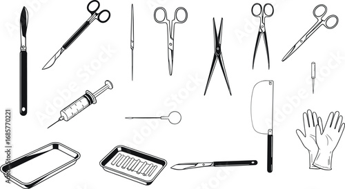 Medical and surgical tools vector icons in outline and shaded style including scissors, scalpel, syringe, trays, gloves, needle, and bone saw.