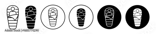 Sleeping bag icons in black filled and outlined set