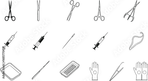 Outlined medical and surgical tools vector icons including scissors, syringes, gloves, scalpels, trays, forceps, needles, and retractors for clinical and hospital use.