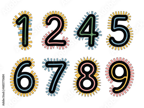  Colorful Hand-Drawn Numbers Set 1 to 9 with Decorative Sunburst Accents