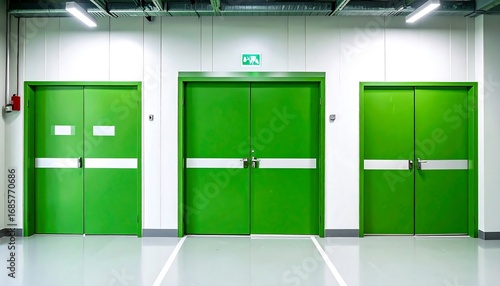 Three green doors with metal hardware set against a white wall in a warehouse space