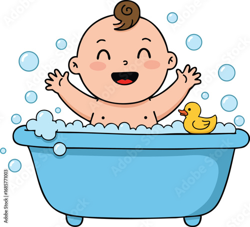 Baby enjoying bath time with blue bathtub and yellow rubber duck cartoon vector illustration 