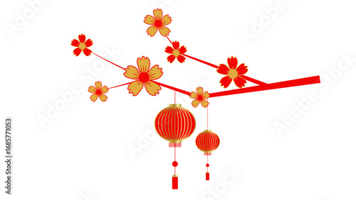 Chinese lanterns hanging from blossoming branch, traditional festive decoration for Lunar New Year celebration.
