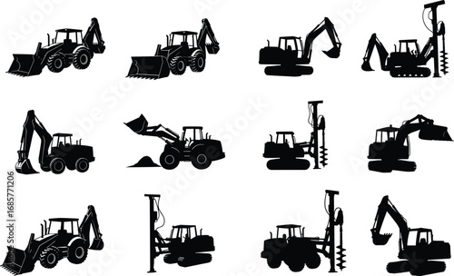 Silhouette Set of Construction Tractors, Excavators, Loaders, and Drilling Machines for Industrial Earthmoving, Digging, and Heavy Equipment Projects Illustration