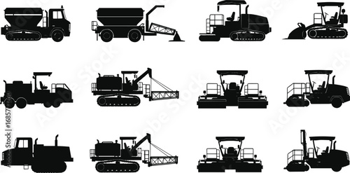 Silhouettes of Asphalt Paving Machines and Road Construction Equipment Vector Set – Heavy Duty Industrial Machinery for Roadwork and Surface Laying