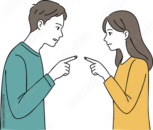 Young man and woman arguing with finger pointing in disagreement vector illustration emotional conflict interaction 