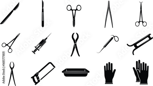 Surgical and medical instruments icons including scalpels, scissors, syringe, forceps, saw, gloves, and various specialized tools in black silhouette style.