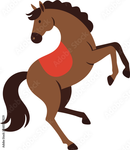Brown horse rearing with red saddle vector illustration in simple flat style 