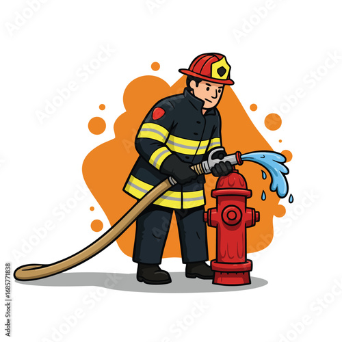 Firefighter using hose connected to red fire hydrant spraying water with orange background vector illustration 