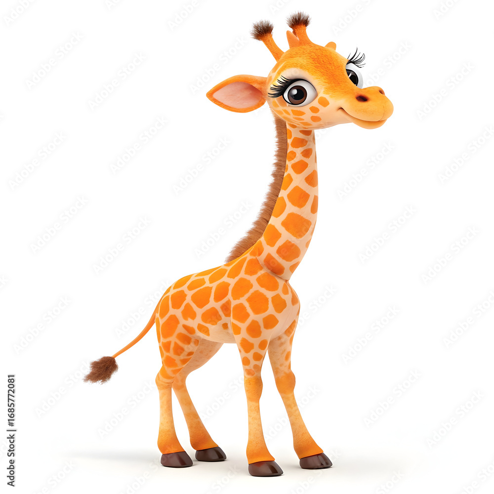 Fototapeta premium A delightful 3d cartoon giraffe stands gracefully, isolated on white background its charming features and gentle expression evoke a sense of warmth and innocence