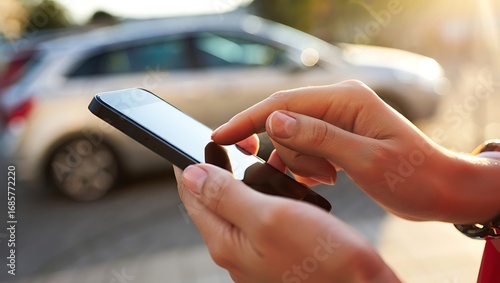 Using a smartphone to book a ride in a city with a car in the background