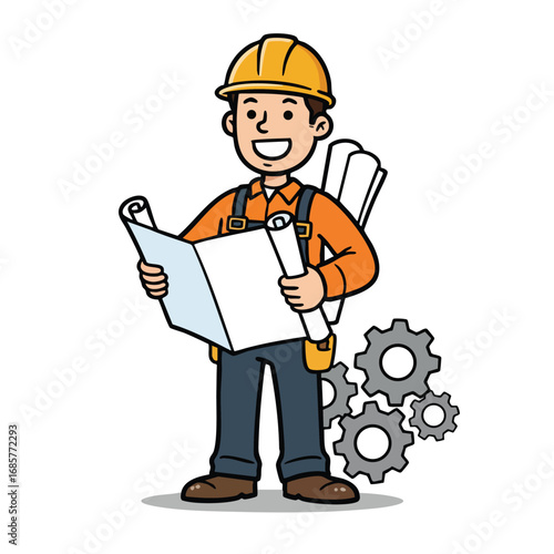 Construction worker in hard hat holding blueprints with gears background vector illustration in flat style 