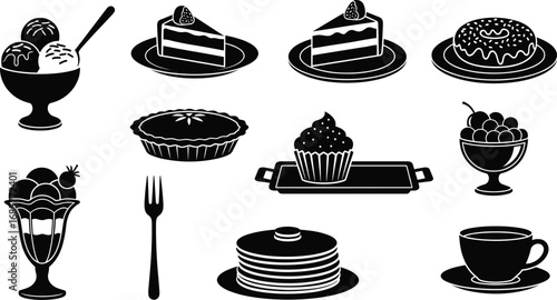 Vector illustration of various desserts and breakfast items including ice cream, cake slices, donut, pie, cupcake, pancakes, coffee, and serving utensils.