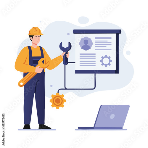 Male maintenance worker holding wrench and gear near laptop and digital profile interface vector illustration 