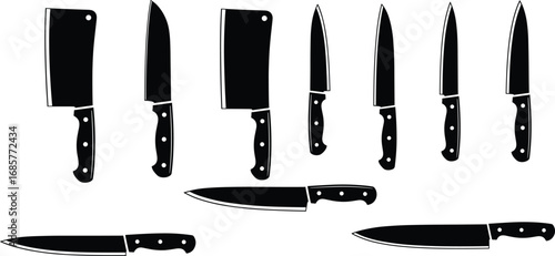 Vector illustration of various black and white kitchen knives and cleavers with detailed handles, perfect for culinary and cooking-related projects.