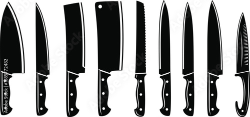 Vector illustration of various kitchen knives including chef, cleaver, serrated, paring, and utility knives, designed for cooking and culinary use.