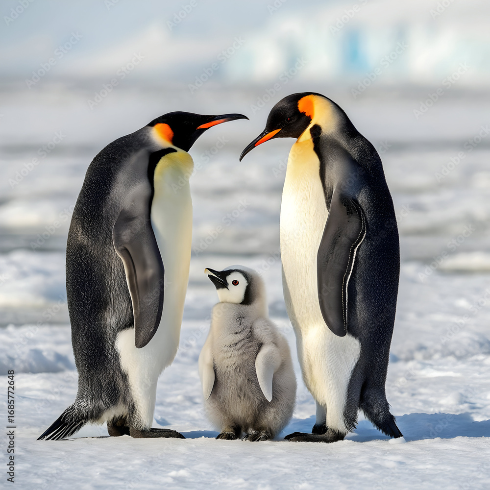 Fototapeta premium A heartwarming scene of an emperor penguin family standing together on the icy plains of antarctica, showcasing the beauty of wildlife in the frozen wilderness
