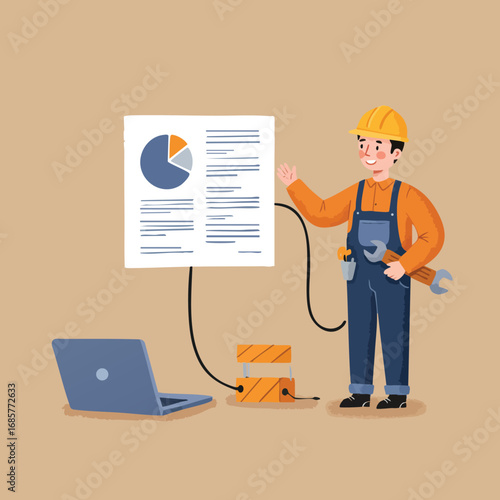 Technician presenting data analysis with laptop and measuring device in industrial setting vector illustration 