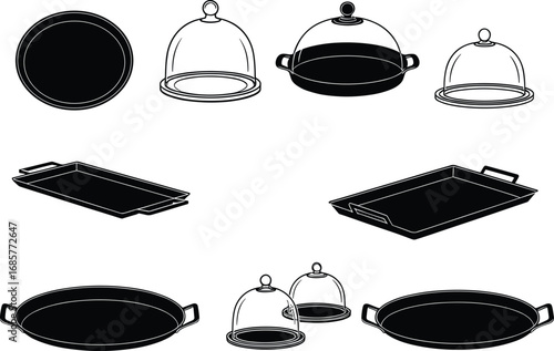 Vector illustration of various serving trays and cloche domes, including round, rectangular trays and glass food covers in black and white style