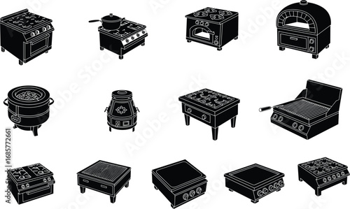 Vector illustration of various kitchen stove and oven designs including gas stoves, pizza oven, grills, and traditional cooking appliances in black style