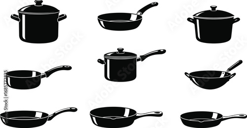 Vector set of black kitchen cookware including saucepans, frying pans, woks with spatula, and cooking pots with lids isolated on white background.