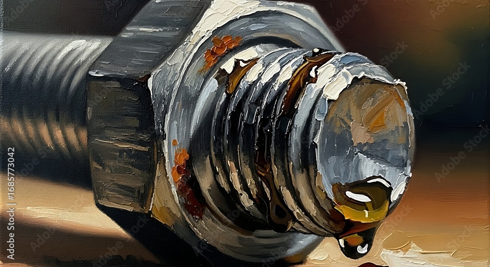 Obraz premium Close-up painting of a metal bolt and nut with dripping oil, showing rust and wear.