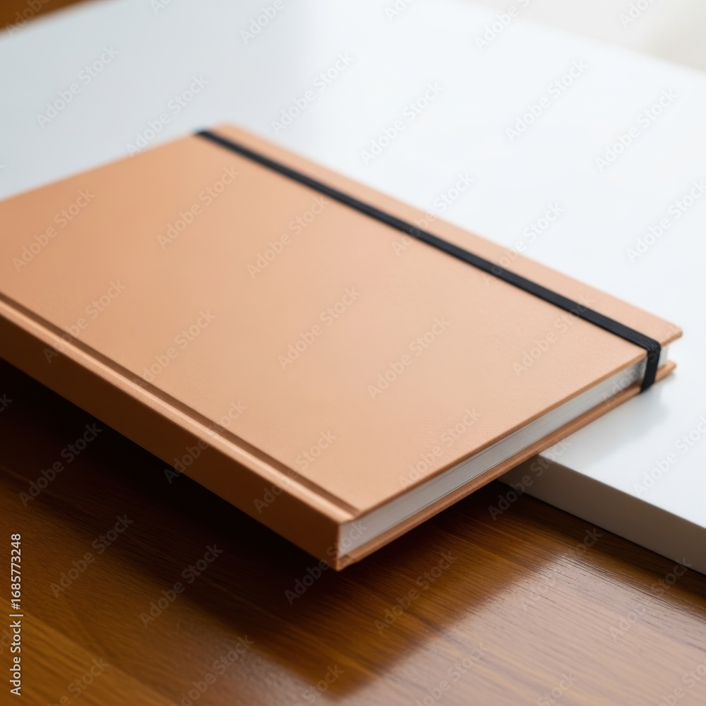 Fototapeta premium A closed tan leather bound notebook with an elastic band closure rests on a white surface isolated on white background