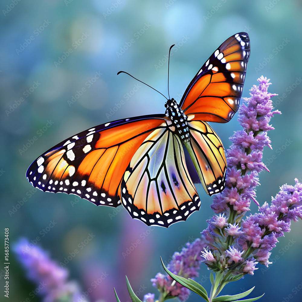 Naklejka premium A closeup of a monarch butterfly perched on a vibrant purple flower, its wings spread wide, showcasing intricate patterns and colors in a natural garden setting
