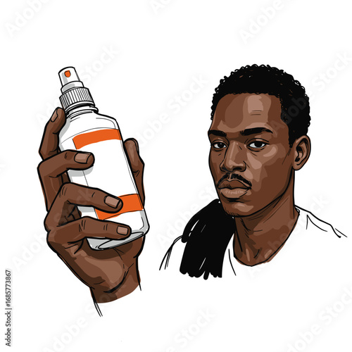 Young black man holding a spray bottle with serious expression  
