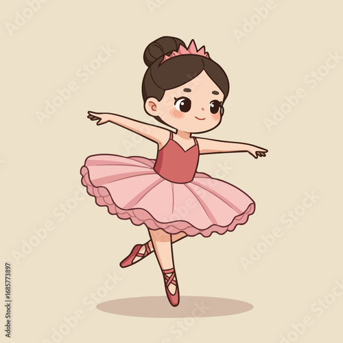 Young ballerina dancing in pink tutu and ballet shoes performing ballet pose vector illustration 