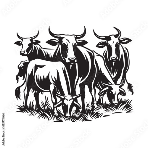 Black and White Vector Illustration of Cows Grazing in a Field