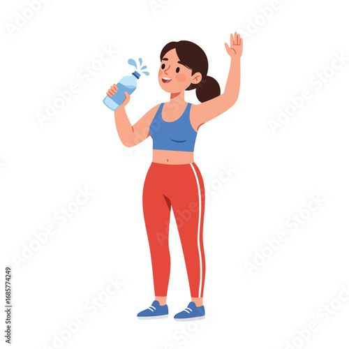Young woman drinking water and waving hand while wearing sportswear and red pants vector illustration 