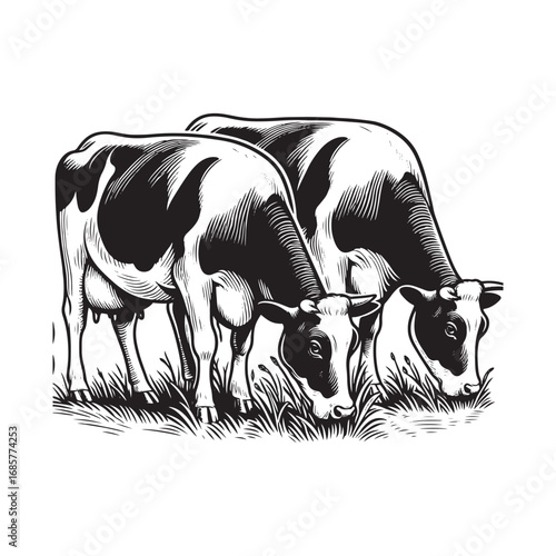 Black and White Vector Illustration of Cows Grazing in a Field