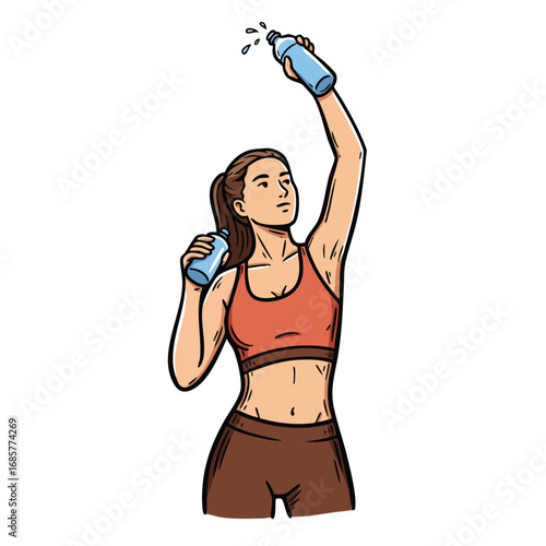 Woman in sportswear hydrating with water bottles after workout exercise routine fitness lifestyle 