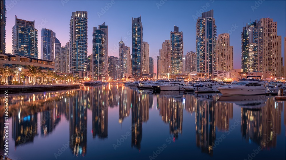 Fototapeta premium Vibrant skyline of luxury towers reflecting in calm waters of a marina in Dubai during twilight hours