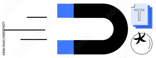 Black and blue magnet pulling aligned files, a text document, and a design asset. Ideal for content creation, data collection, organization, marketing, technology, collaboration simple landing page
