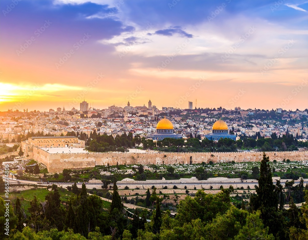 Obraz premium Panoramic sunset view of Jerusalem's Old City (1)