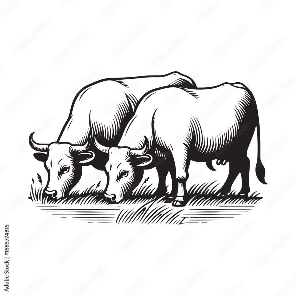 Obraz premium Black and White Vector Illustration of Cows Grazing in a Field