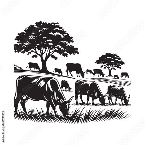 Black and White Vector Illustration of Cows Grazing in a Field